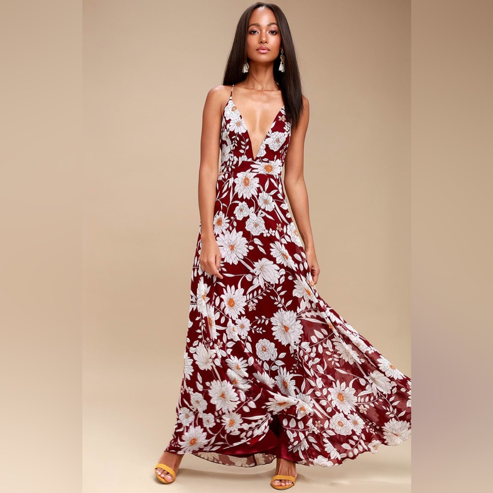 Lulus Magic Blooms Burgundy Floral Print Backless Maxi Dress